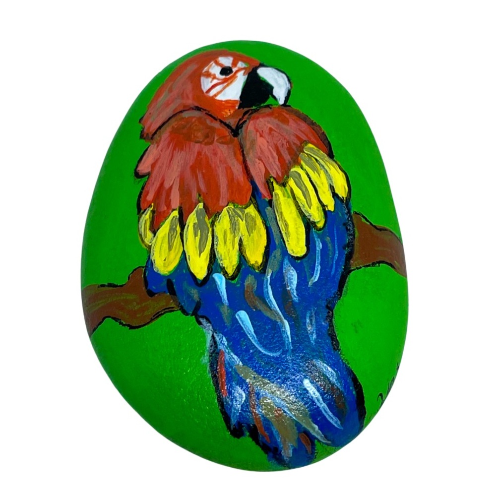 Hand crafted painted parrot on rock medium size green background red yellow blue